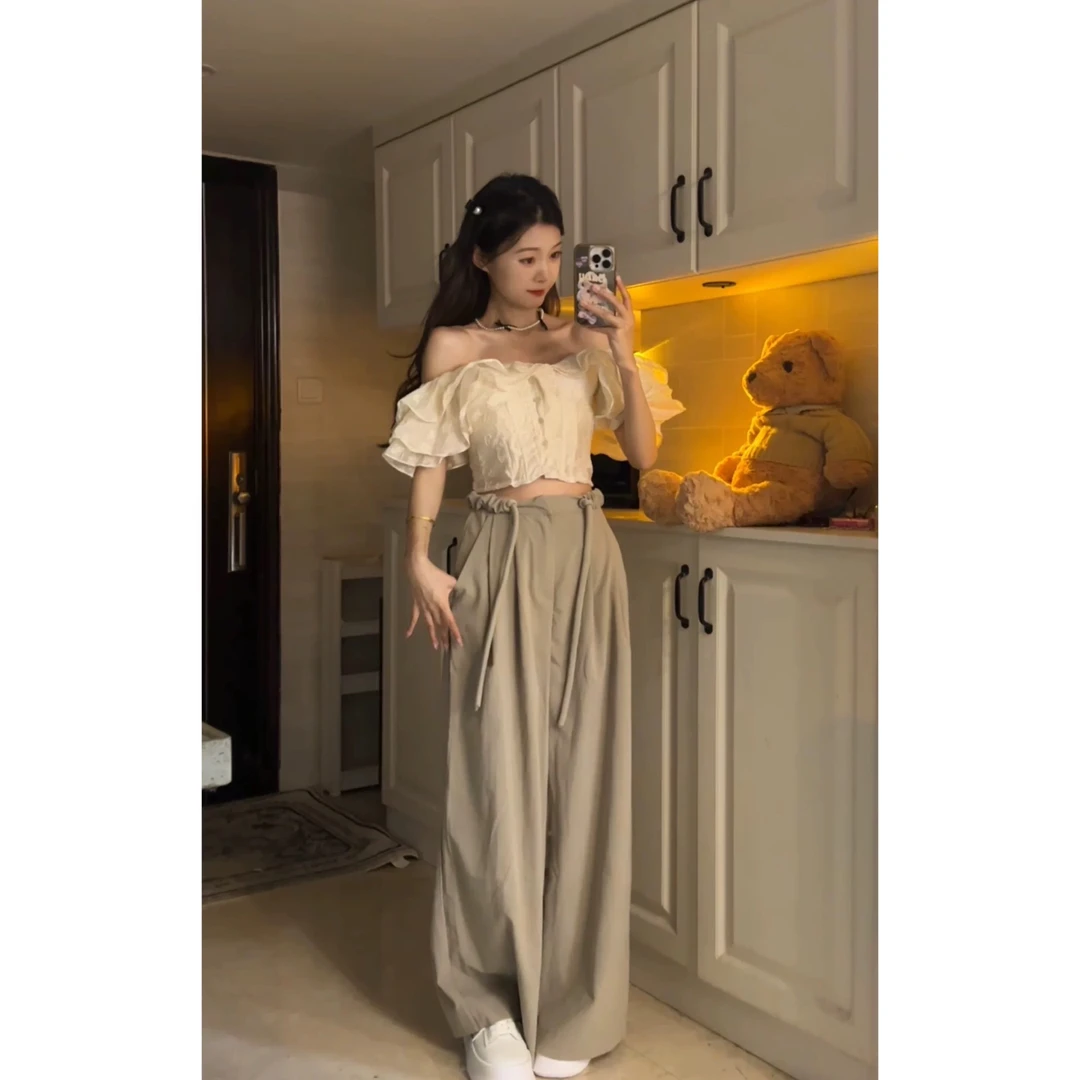 Seven 七分糖白莲花套装荷叶边一字肩短上衣高腰垂感阔腿拖地裤