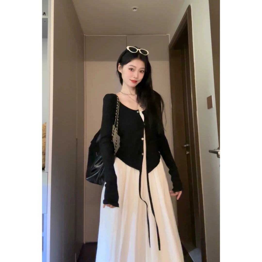 七分糖 赫本显瘦叠穿系带长袖开衫女秋显吊带连衣裙套装