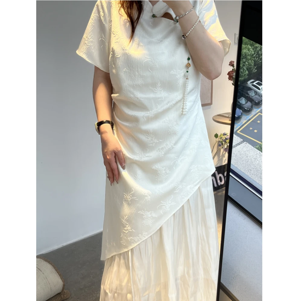 天山白雪-37196 新中式国风杏色拼接大码旗袍大码