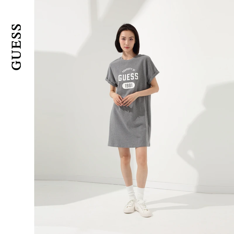 GUESS女士纯色简约直筒印花卷袖连衣裙-W4PK1MK2Q40