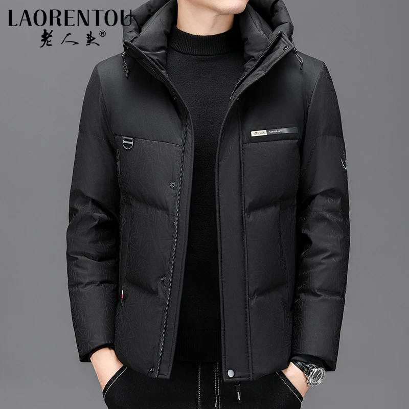 老人头男士连帽羽绒服短款冬季新款休闲百搭加厚保暖拼接外套男