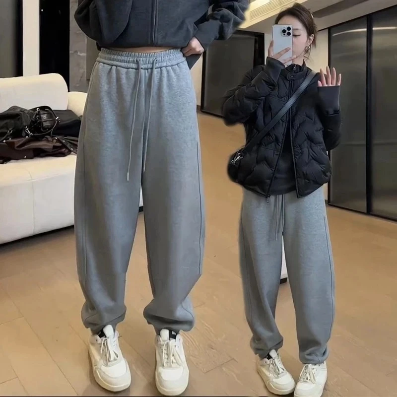 韩版加绒弯刀卫裤女宽松加厚百搭束脚裤抽绳休闲运动裤子2025秋冬