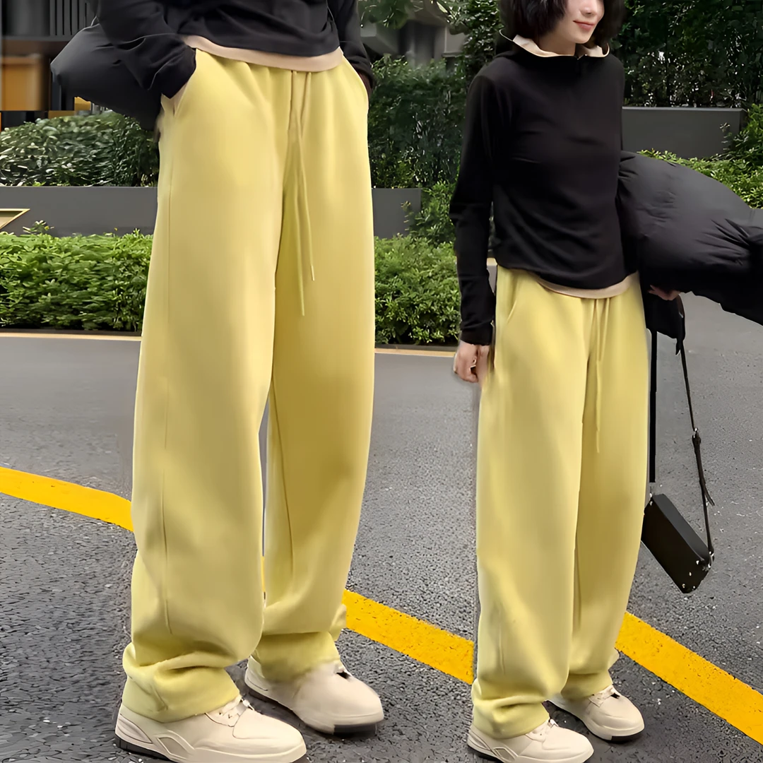 春秋新款宽松显瘦休闲窄版直筒裤女高腰阔腿裤黄色香蕉裤卫裤