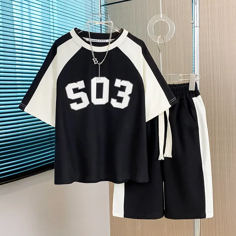 男童大童夏季经典字母印花短袖休闲运动宽松短裤套装DF-套装0778