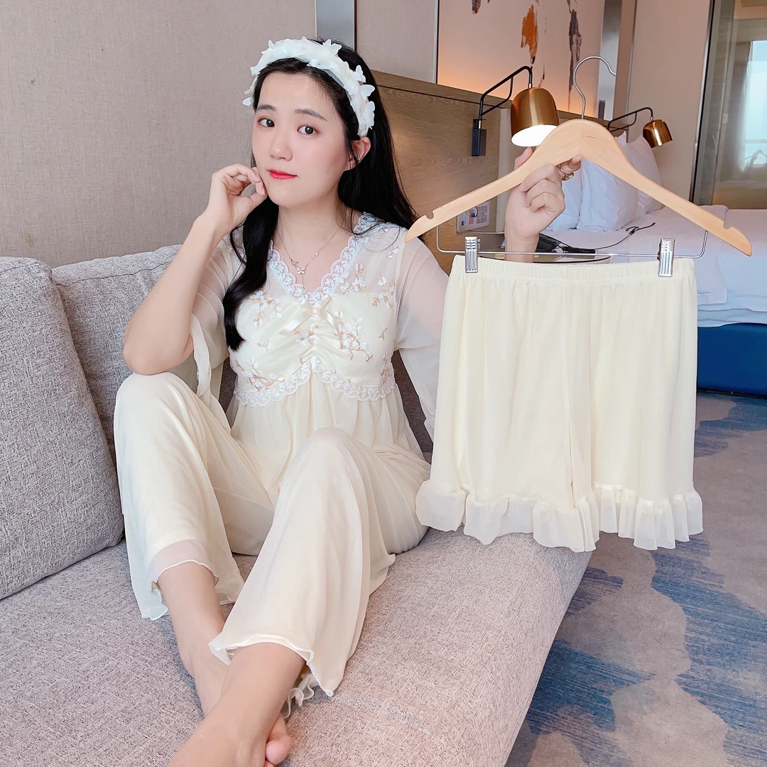 『2024·夏季新款』气质三件套带胸垫重工刺绣仙女网纱莫代尔睡衣