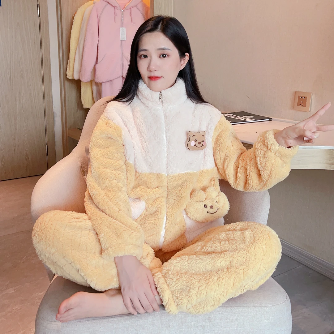 『冬款·上新』蓄热保暖可外穿双面绒休闲时尚拉链睡衣女家居服套装