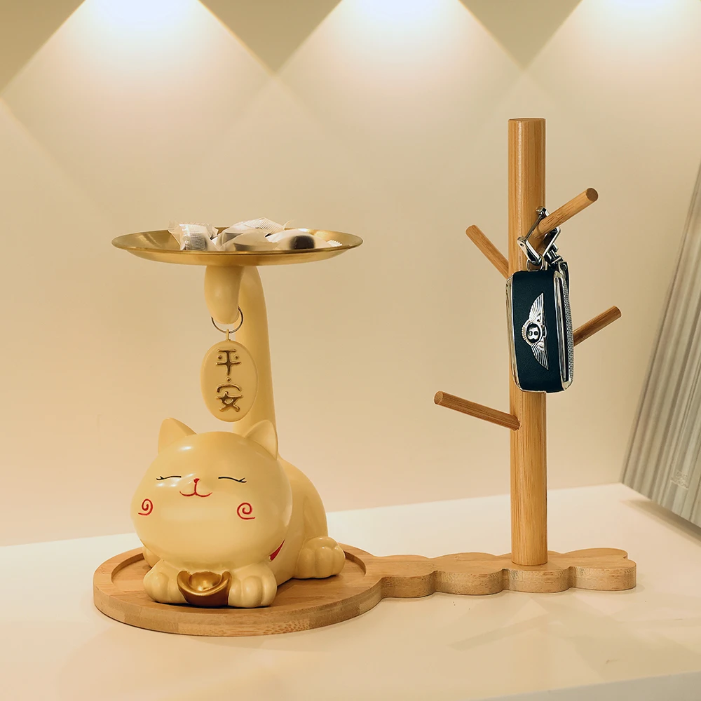 招财猫托盘摆件存钱罐门口进门玄关钥匙收纳电视柜装饰品乔迁礼物