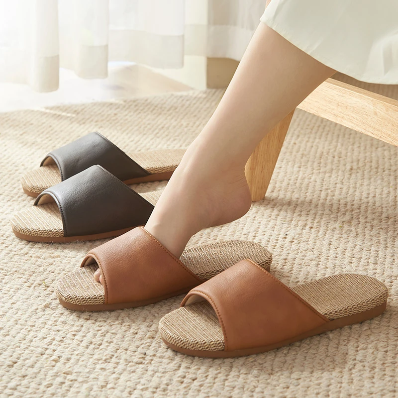 日式高端亚麻拖鞋女士夏季室内居家用软底办公室四季外穿男牛筋底