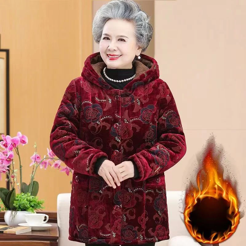 中老年女装中长款棉衣加绒加厚连帽中年冬季毛呢外套奶奶冬装棉袄