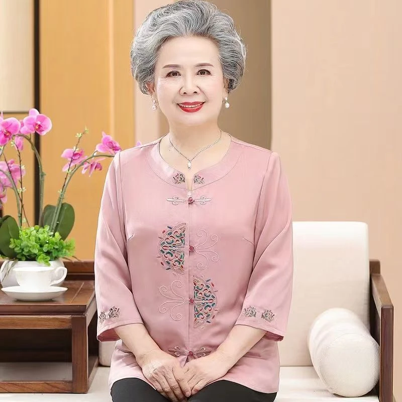 中老年夏装衬衫上衣女七分袖妈妈装大码开衫衬衣女宽松老年人衣服