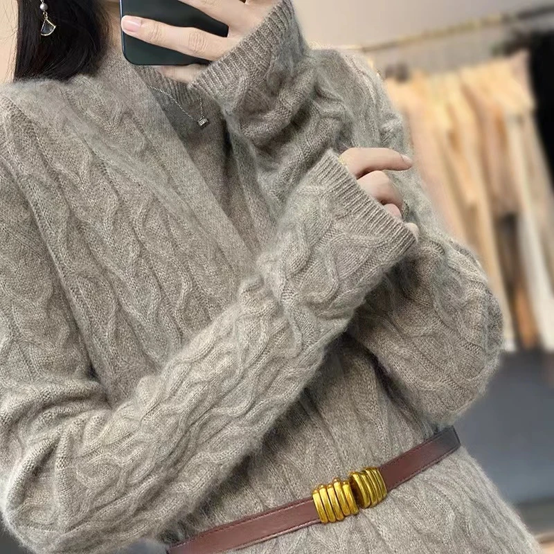 老板娘强烈推荐！重工加厚绞花山羊绒打底毛衣外套大衣女 220018