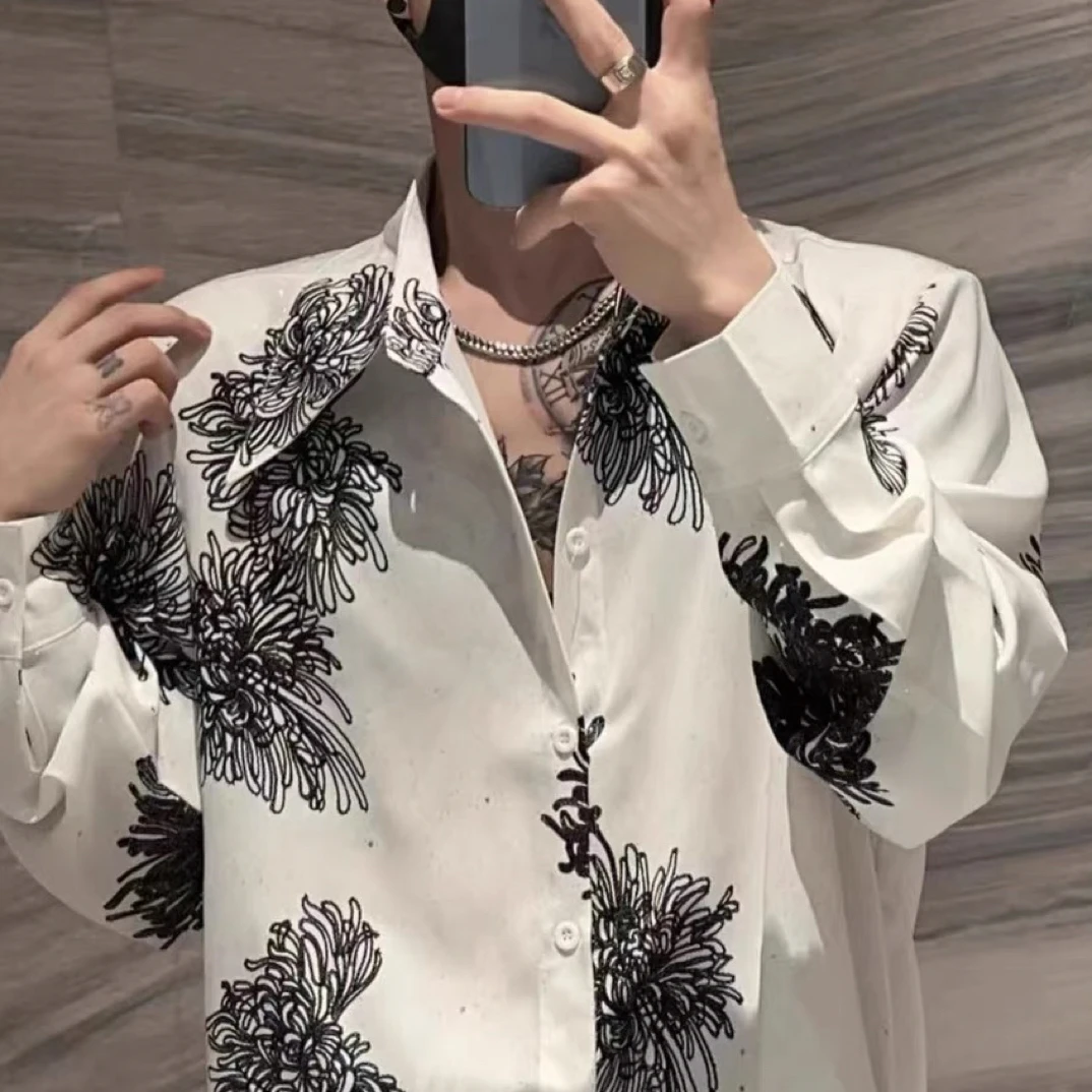 冰丝复古花纹衬衣男亮片丝滑雪纺上衣满天星长袖衬衫垂感垫肩寸衫