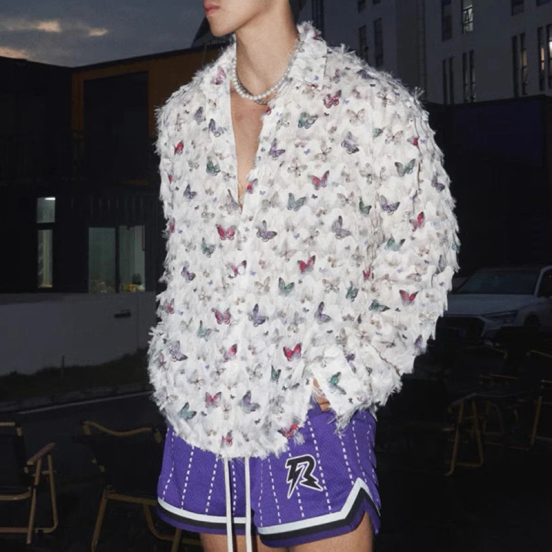 春夏款蝴蝶印花薄款长袖衬衫男女款情侣宽松百搭潮牌流苏衬衣时尚