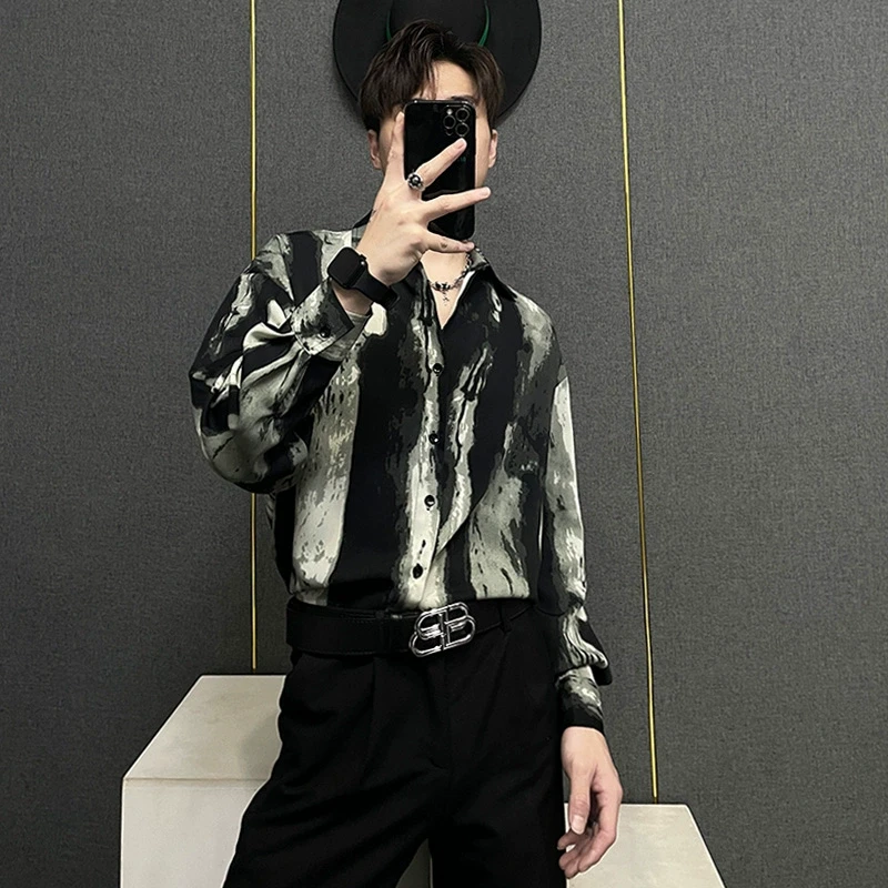 高级感男士冰丝花印花宽松垂感上衣复古条纹设计感水墨长袖衬衣男