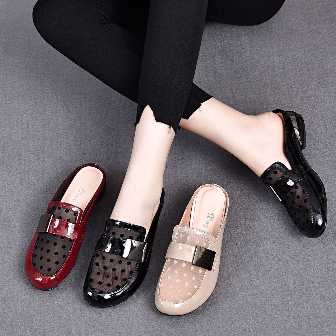 真皮时尚半拖鞋女外穿2024春夏新款网纱面包头乐福鞋无后跟凉拖鞋