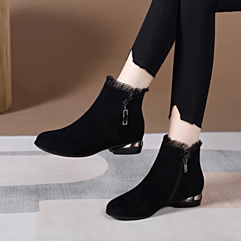 小短靴真皮圆头磨砂软羊皮2025新款及踝靴子女春秋单靴软底妈妈鞋