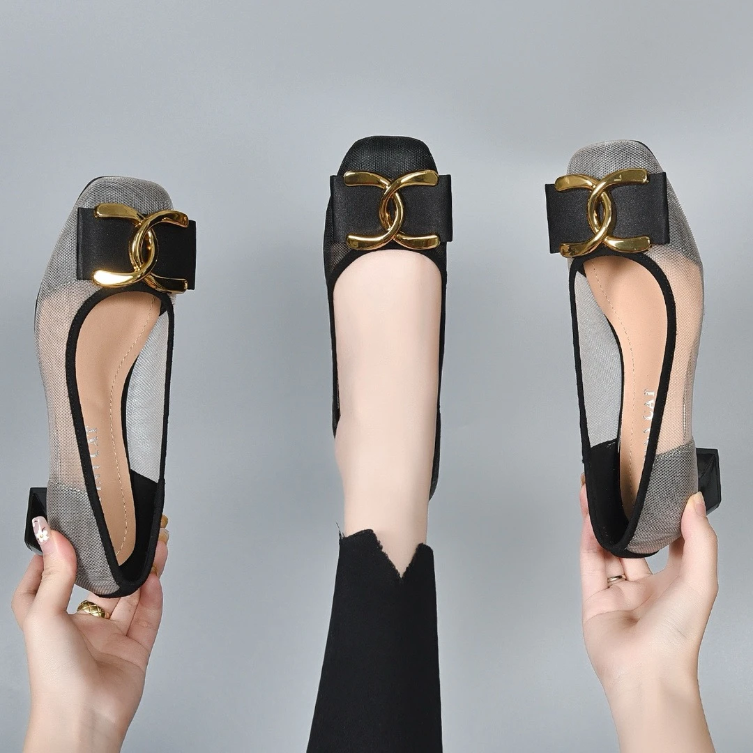 网纱单鞋女2025年新款春季方头粗跟单鞋透气女鞋春款高跟镂空凉鞋