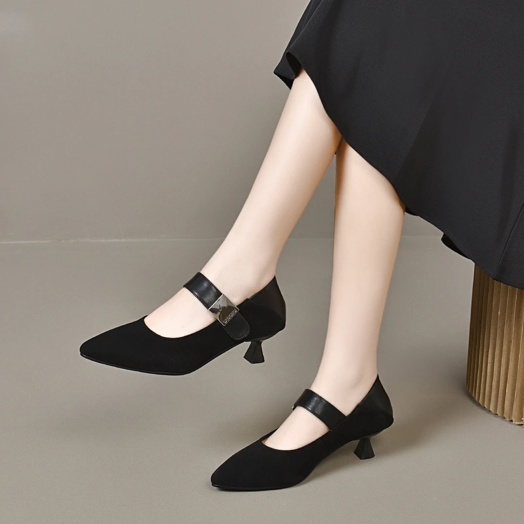 羊皮一字带高跟单鞋女百搭尖头浅口高跟鞋细跟中跟可踩跟气质单鞋