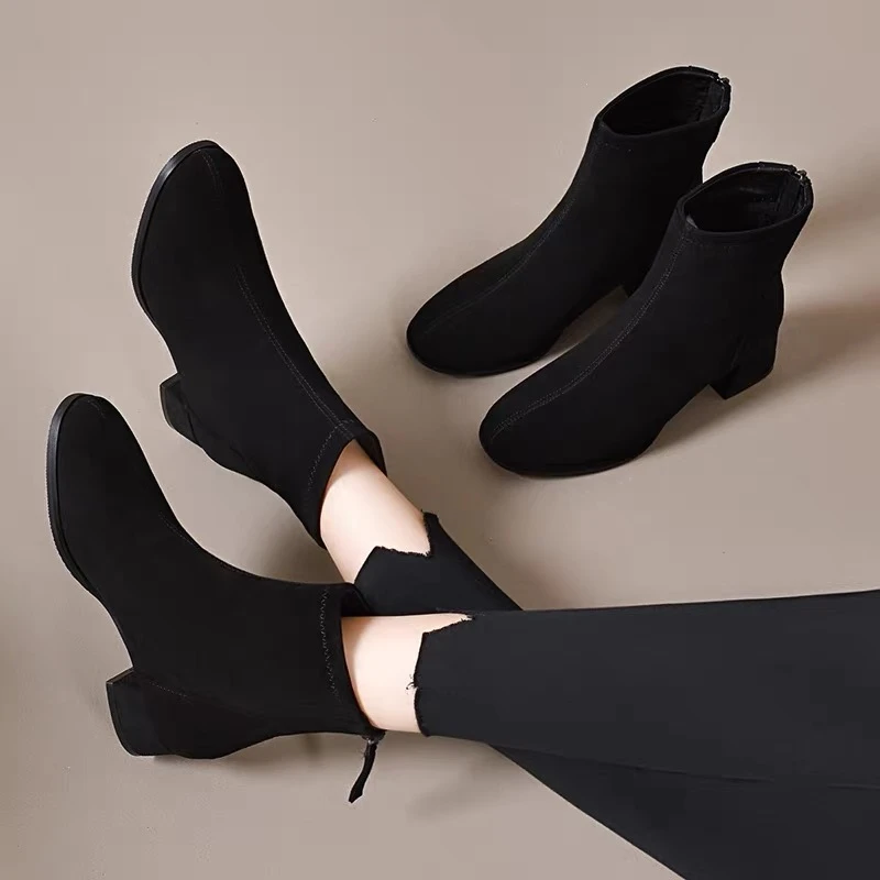 2025新款磨砂皮短靴粗跟圆头百搭真皮绒面瘦瘦靴子平底春秋女单靴