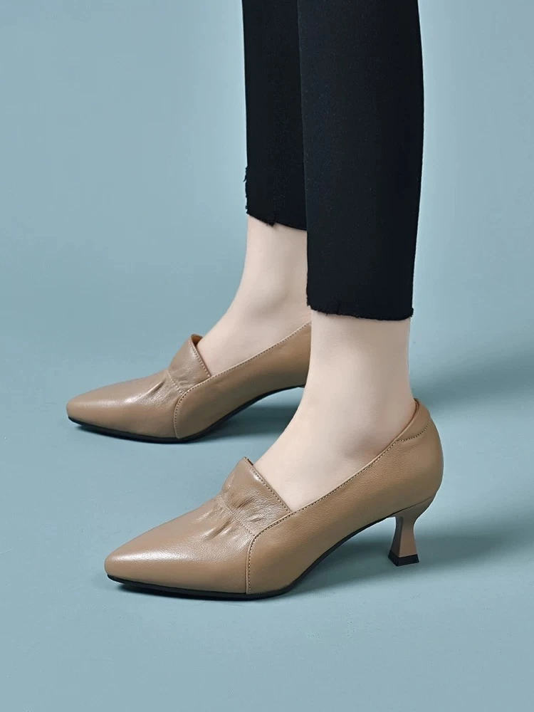 2025春季新款真皮深口单鞋女中跟软皮细跟工作皮鞋百搭小跟高跟鞋