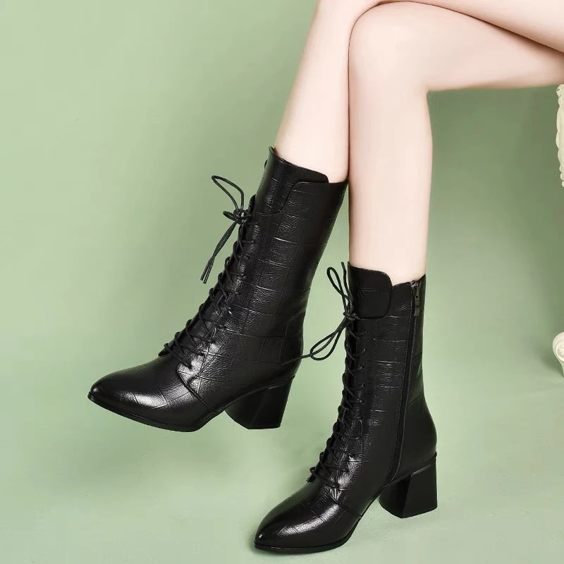 粗跟马丁靴女中跟2025年春秋新款单靴皮靴子秋冬短靴中筒真皮女靴