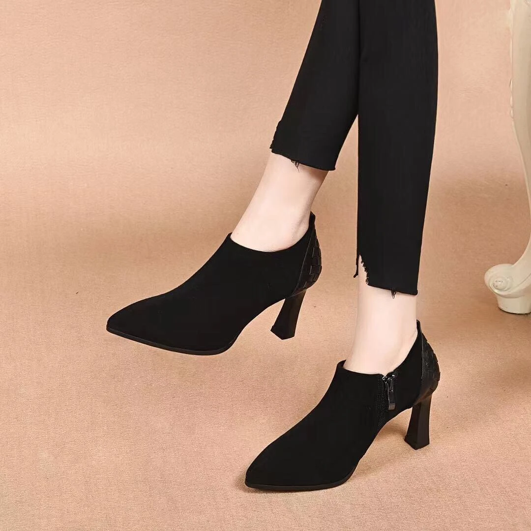 2025新款春季尖头皮鞋女软皮真皮高跟鞋春秋磨砂女鞋中跟深口单鞋