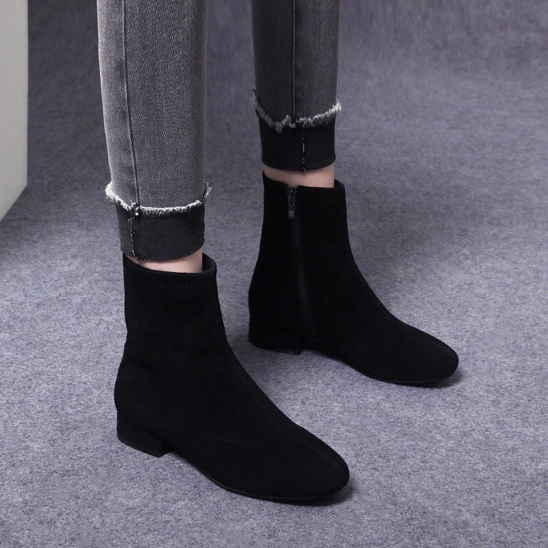 2025新款真皮磨砂短靴女粗跟春秋单靴圆头中跟羊皮瘦瘦靴冬季加绒