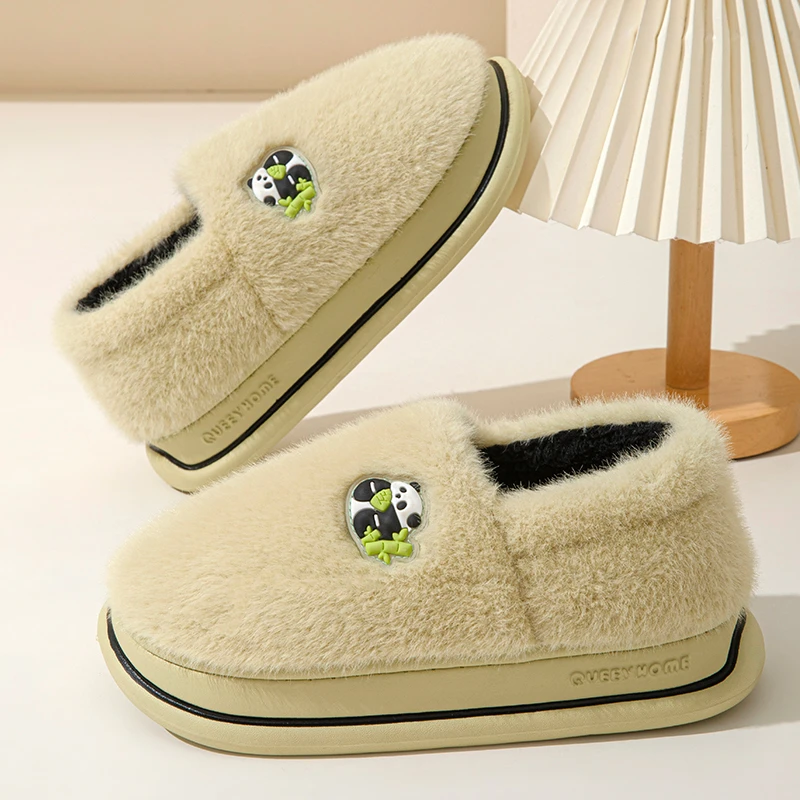 家庭专用拖鞋防滑加绒加厚熊猫居家包跟毛毛拖鞋女冬天保暖棉鞋男