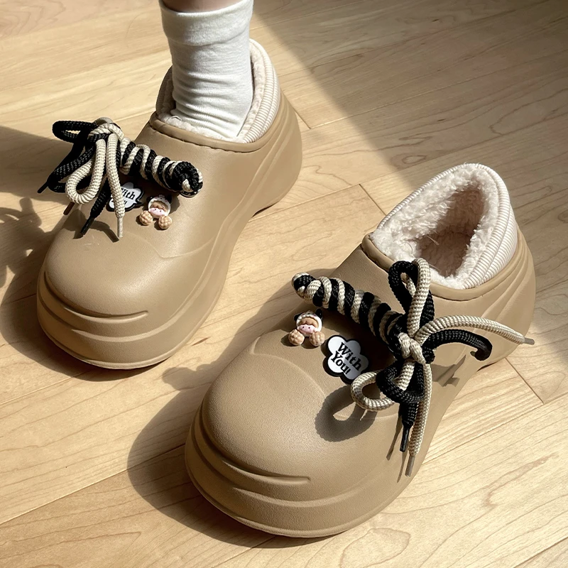 如沐丽新款包跟棉拖鞋女秋冬防水卡通室内家居保暖加绒女外穿