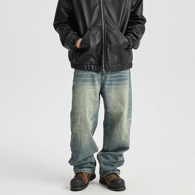 WassupHouse水波纹洗水牛仔裤直筒休闲百搭复古高街宽松水洗做旧