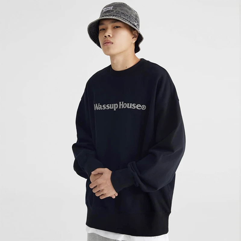 WassupHouse基础LOGO圆领卫衣春秋季男上衣潮流印花套头衫加绒