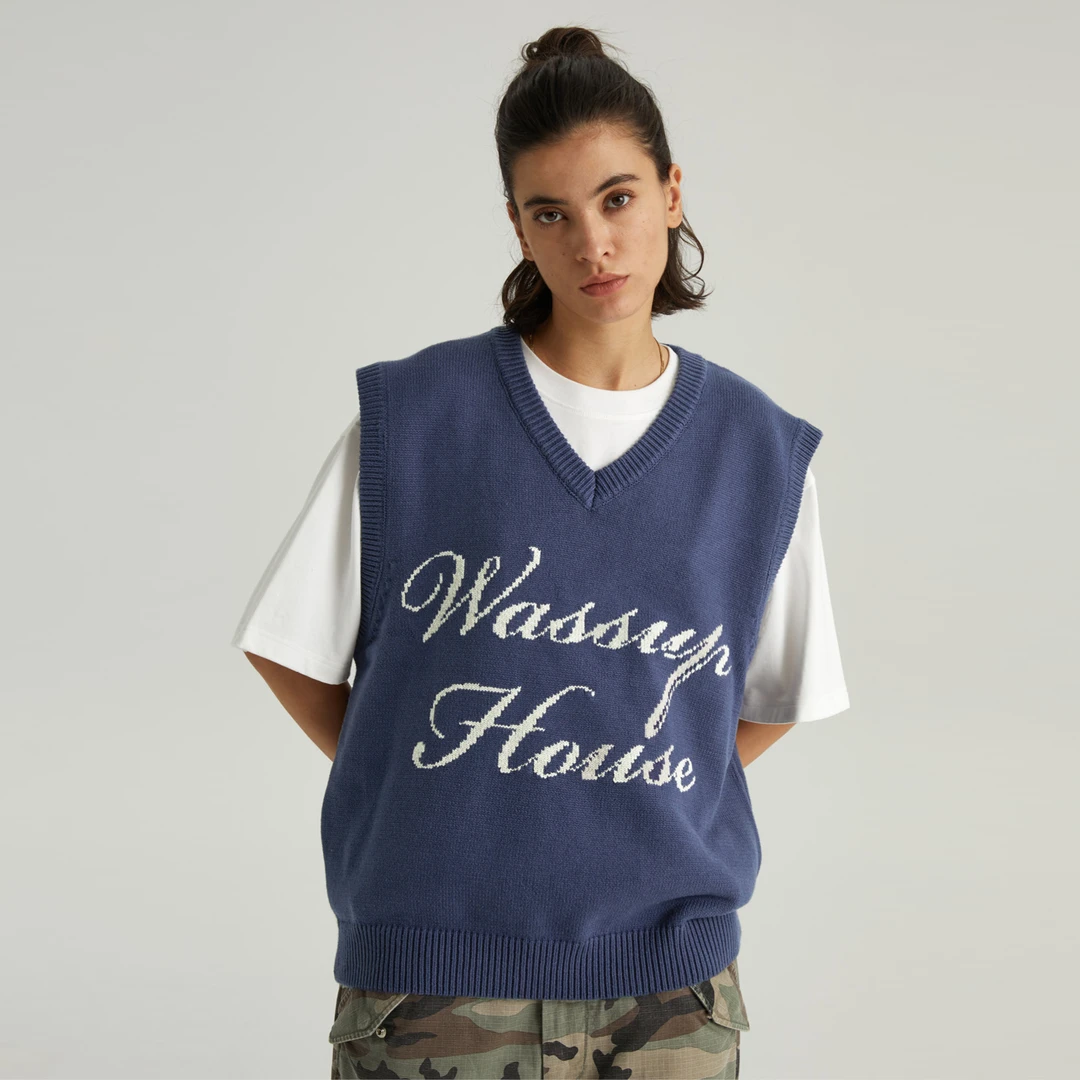 WassupHouse手写logo提花毛衣背心秋季日系撞色针织休闲百搭圆领