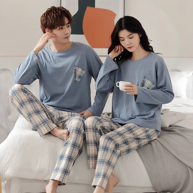 莫代尔秋冬情侣圆领套头睡衣纯棉宽松家居服男女休闲长袖长裤3220
