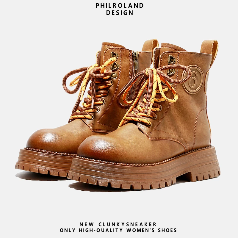 复古擦色英伦风双鞋带马丁靴女2024新款大黄靴工装厚底短靴子女鞋