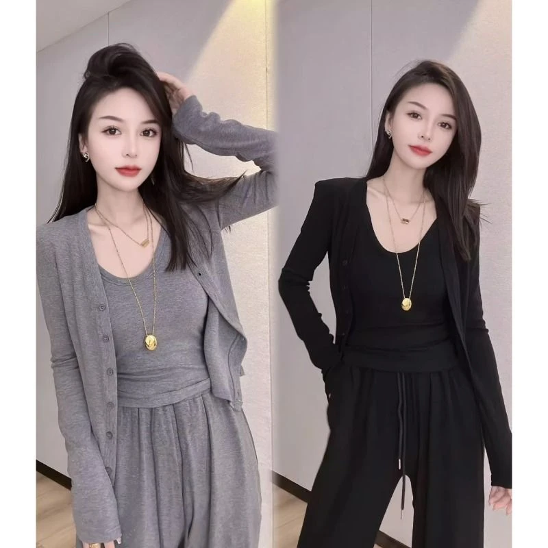 欧洲站2023早秋新款时尚三件套套装女纯色吊带背心+开衫外套+裤子