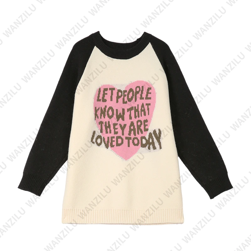 【怦然心动】时尚撞色拼接圆领爱心字母针织衫3L122101