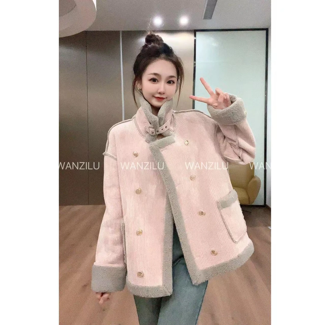 【水蜜桃】精致撞色保暖羊羔绒短外套3L112402