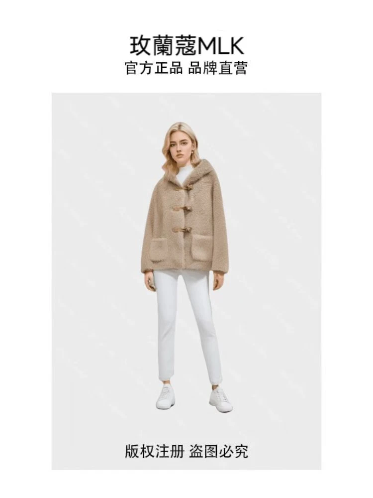 全毛颗粒一体时尚糖果皮扣休闲连帽韩版百搭冬外套飞机上粉衣服女