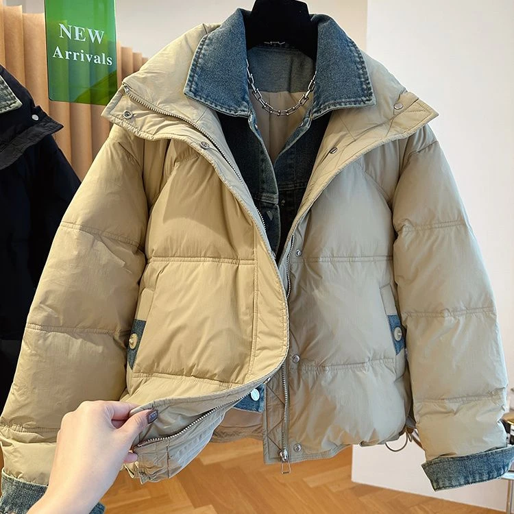 棉衣羽绒衣2024新款欧货宽松休闲牛仔拼接假两件羽绒服女冬季短款