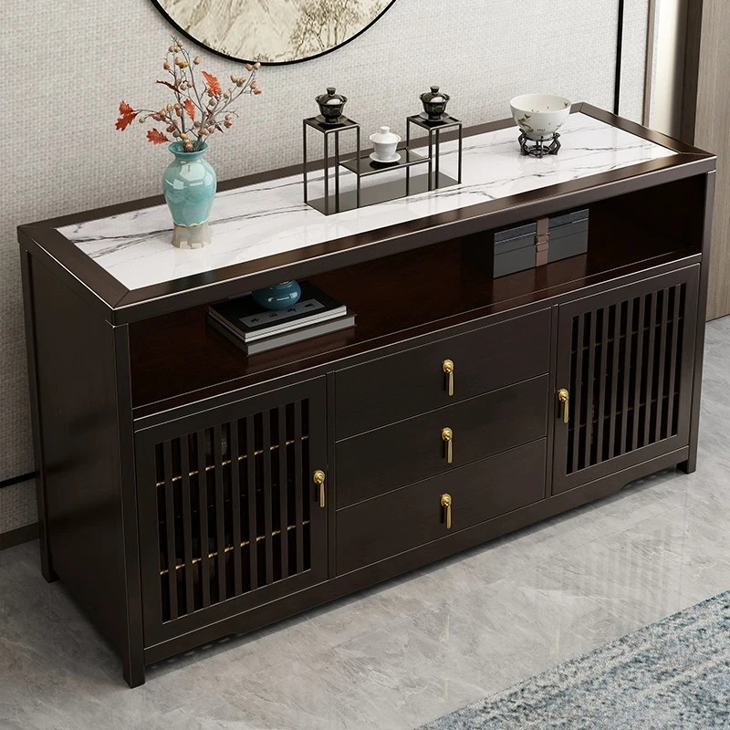 新中式餐边柜实木靠墙边柜客厅中式玄关储物柜家用橱柜岩板茶水柜