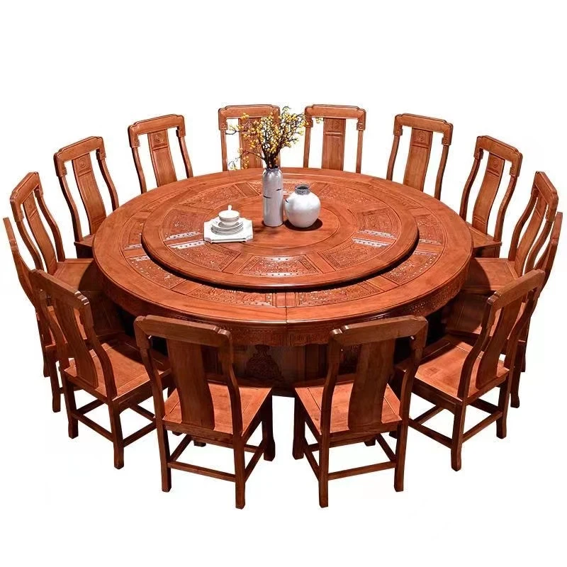 全实木电动大圆桌餐桌椅套装饭店酒店餐厅客厅旋转仿古雕花圆桌