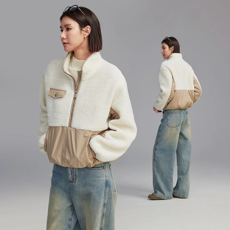 CLOUDSPACE/云上生活时尚摇粒绒拼接半拉链立领保暖外套