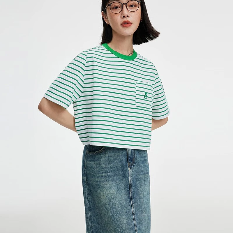 CLOUDSPACE/云上生活绿条纹短款T恤休闲宽松短袖女夏季