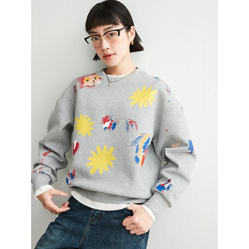 CLOUDSPACE/云上生活撞色艺术感休闲印花空气层廓形圆领卫衣女