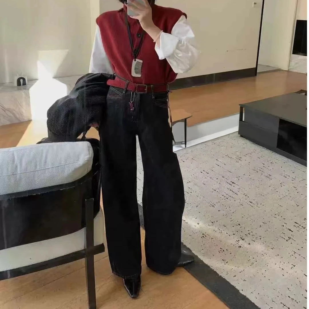 80295秋冬时尚休闲百搭显瘦女深色牛仔直筒阔腿裤