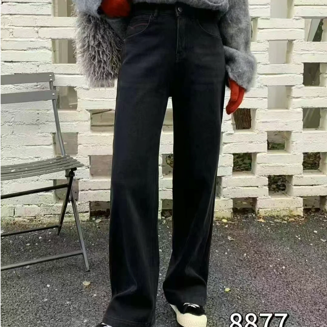 8877秋冬时尚休闲百搭显瘦女加绒加厚牛仔阔腿裤