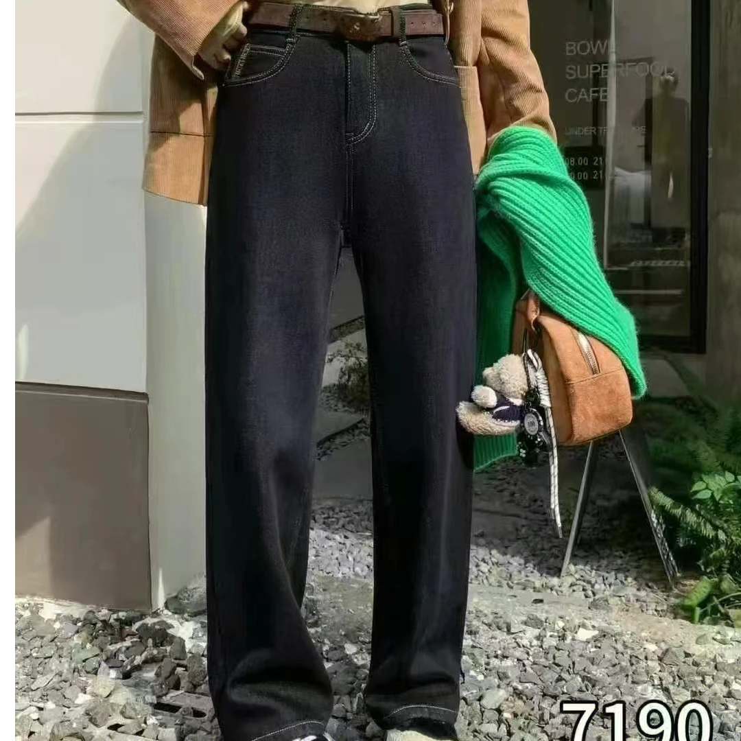 7190儿冬季新款加绒加厚窄版阔腿牛仔裤女显瘦宽松直筒长裤潮