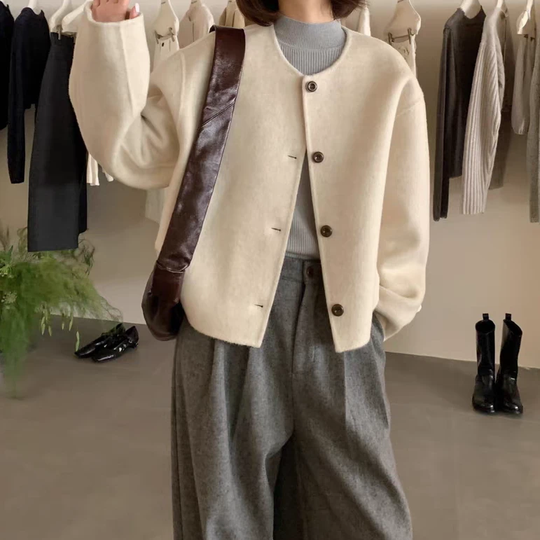 1004 双面大衣女短款2024秋冬新款韩版圆领毛呢外套