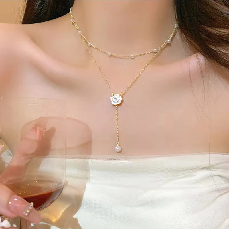 合金合成锆石项链 合金流苏双层项链高级设计长款流苏锁骨链