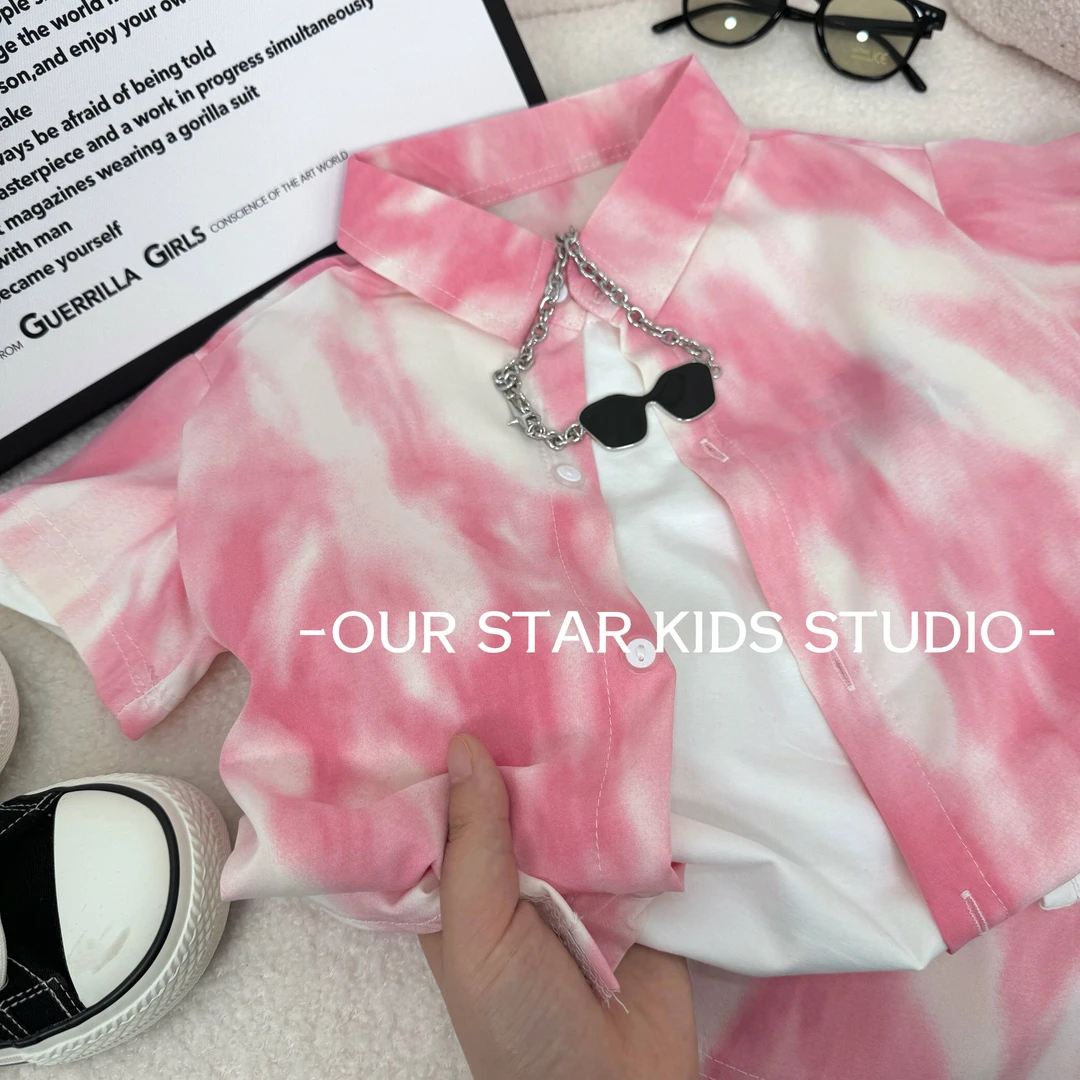 【桃桃蜜柚】儿童夏款套装男女童薄款宽松衬衫痞帅中大童扎染印花